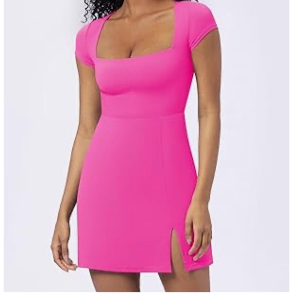 Casly‎ Lamiit Pink Square Neck Cap Sleeve Side Slit Bodice Mini Dress XS Lined